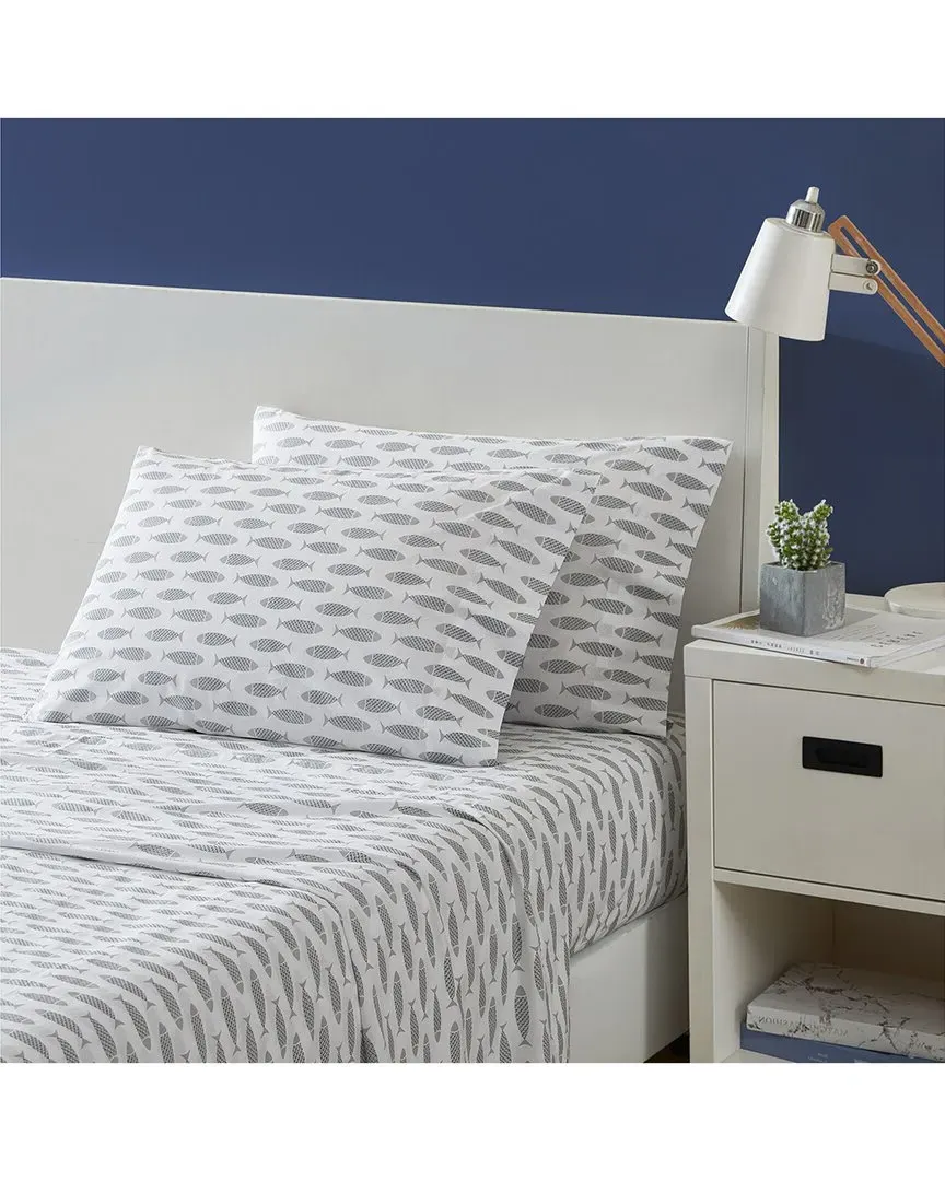 Woodblock Fish Cotton Percale Sheet Set - Grey image