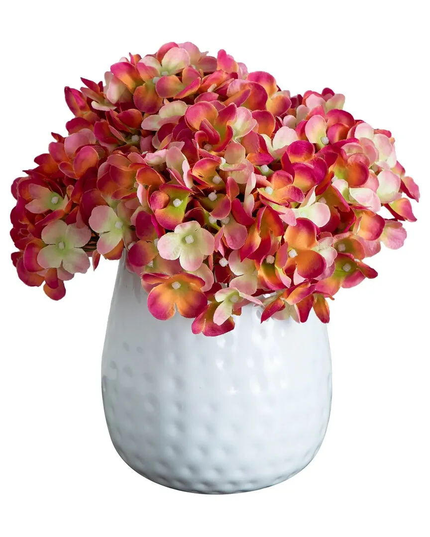 11in Artificial Hydrangea Arrangement in Metal Vase - Pink