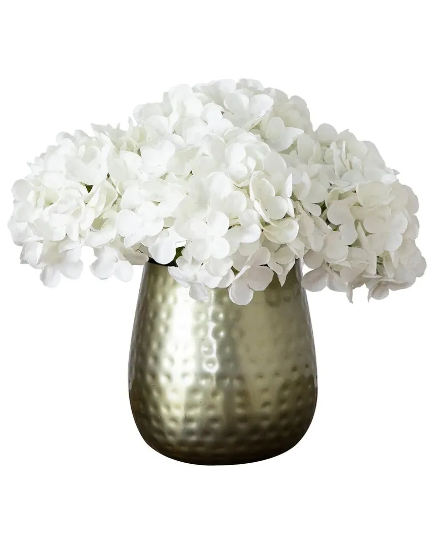 11in Artificial Hydrangea Arrangement in Metal Vase - White