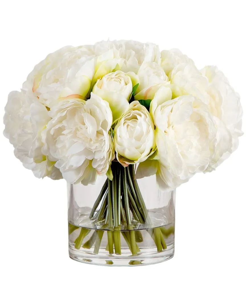 11in Artificial Peony Arrangement in Glass Vase - White image