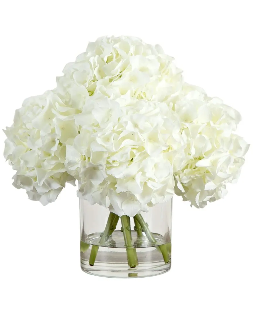 14in Artificial Hydrangea Arrangement in Glass Vase - White