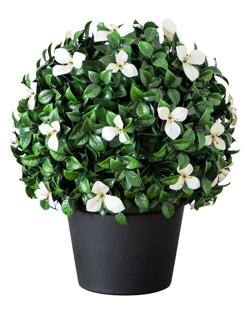15in Artificial Boxwood & Gardenia Topiary Plant - Green, White