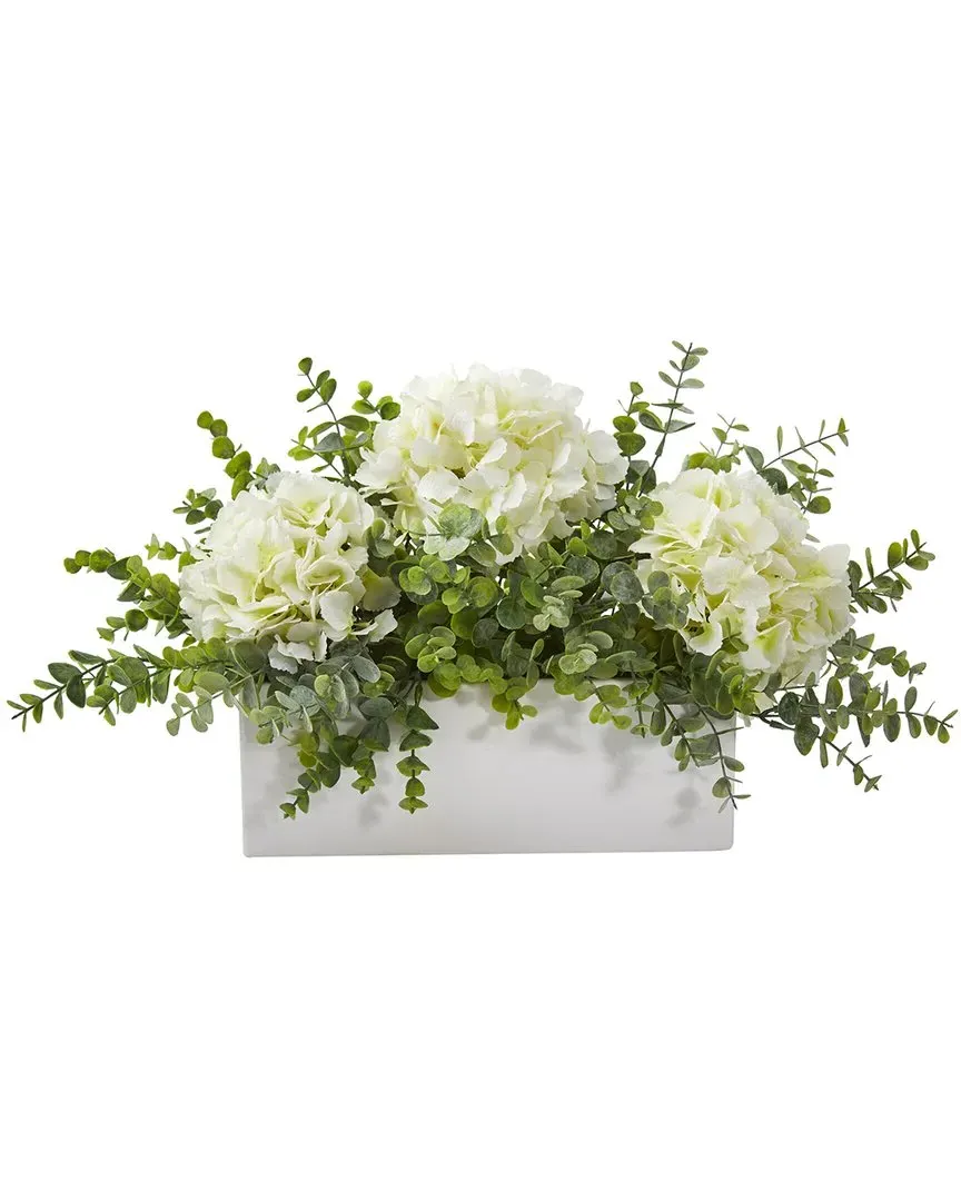15in Hydrangea & Eucalyptus Artificial Arrangement - White