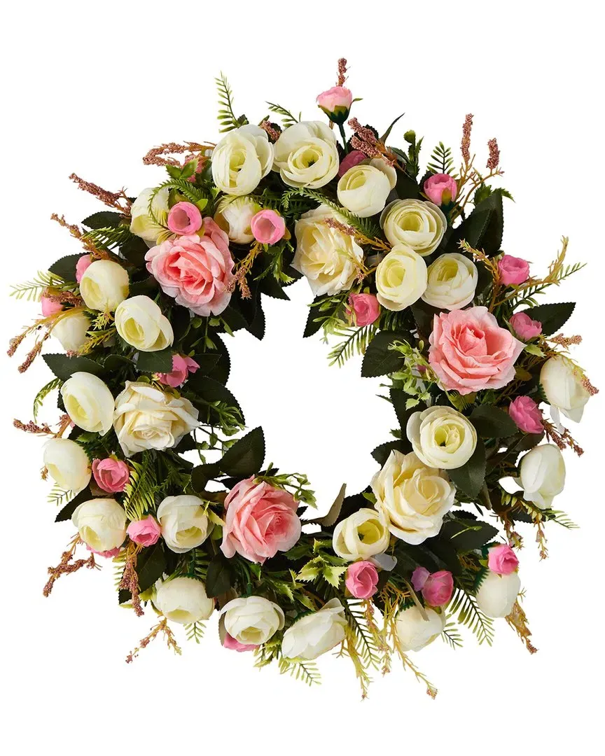 20in White & Pink Rose Artificial Wreath