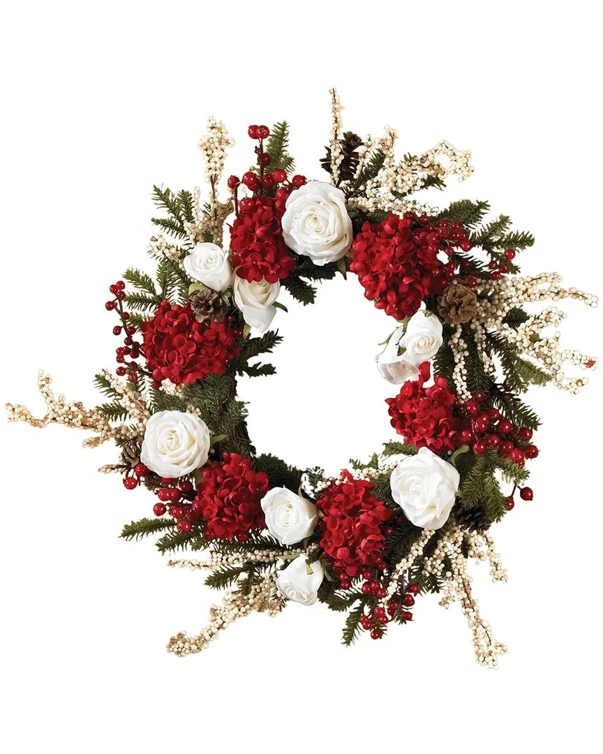 24in Hydrangea with White Roses Wreath - Red