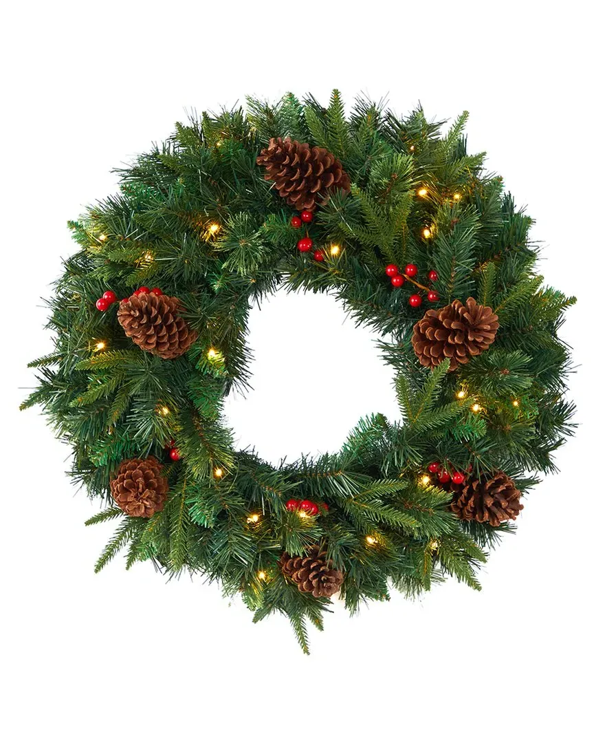 24in Mixed Pine Wreath with LED Lights and Berries - Green