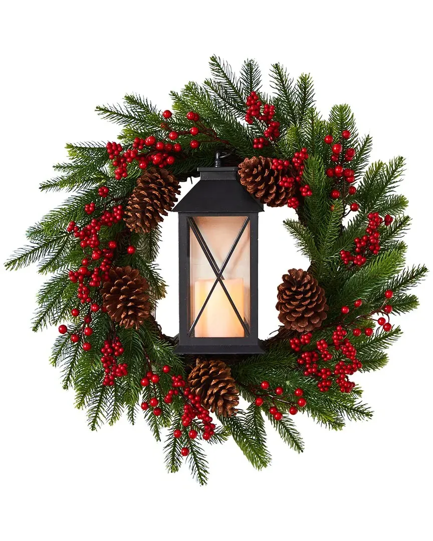 28in Christmas Wreath with Lantern - Green, Rattan image