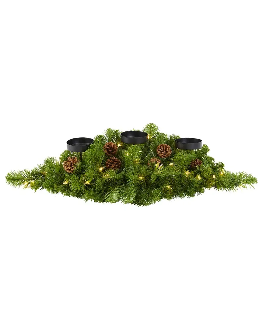 30in Pine Triple Candelabrum with Clear Lights - Green