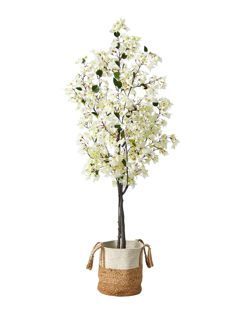 6ft Artificial Bougainvillea Tree with Handmade Basket - White image