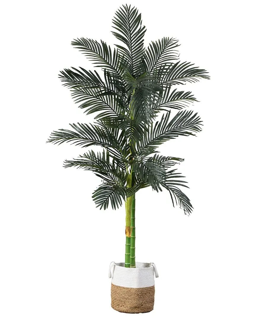 8ft Golden Cane Artificial Palm Tree with Cotton Planter - Green image