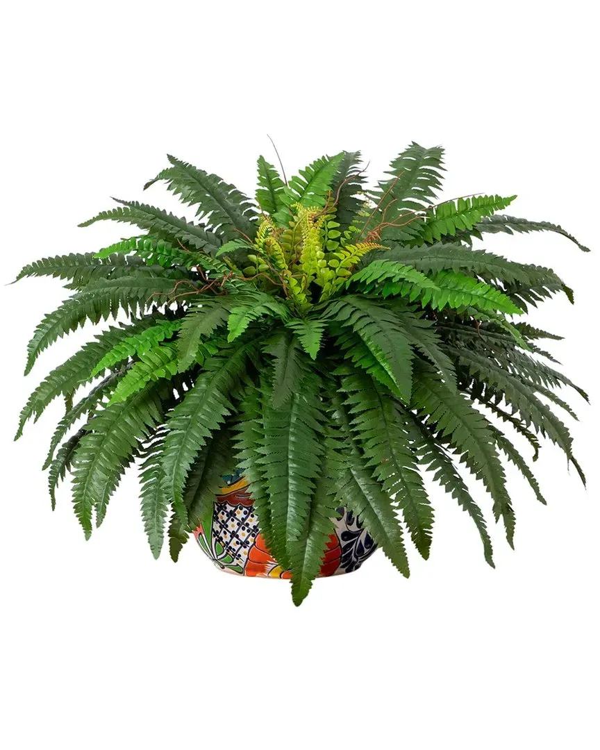 Artificial Double Boston Fern in Talavera Ceramic Planter - Green