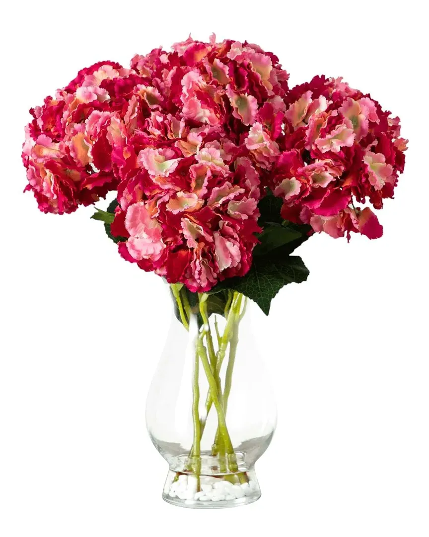 Artificial Hydrangea Arrangement in Glass Vase - Pink