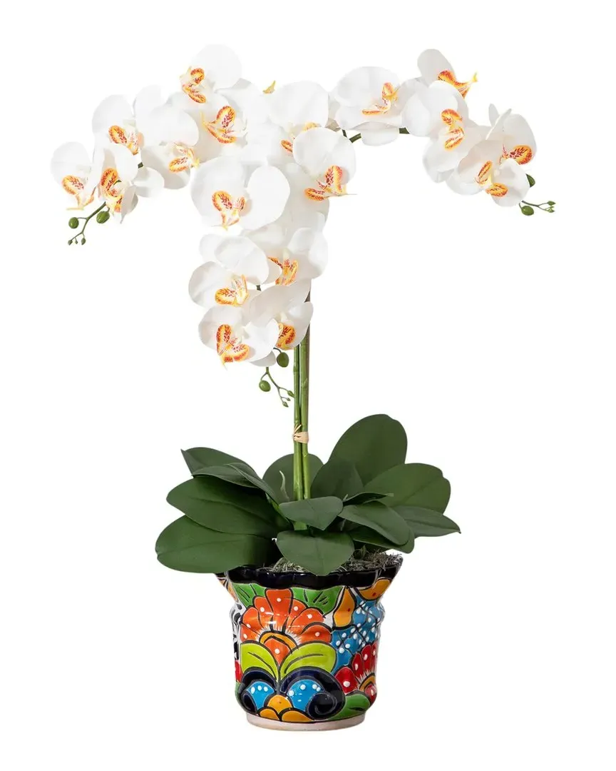 Artificial Triple Orchid Arrangement in Talavera Ceramic Planter - White