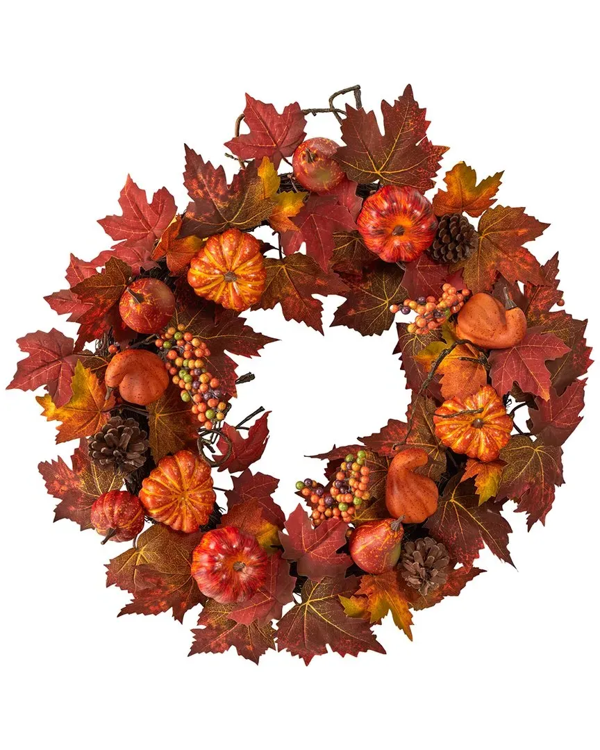 Autumn Maple Leaves Fall Wreath with Pumpkin - Orange