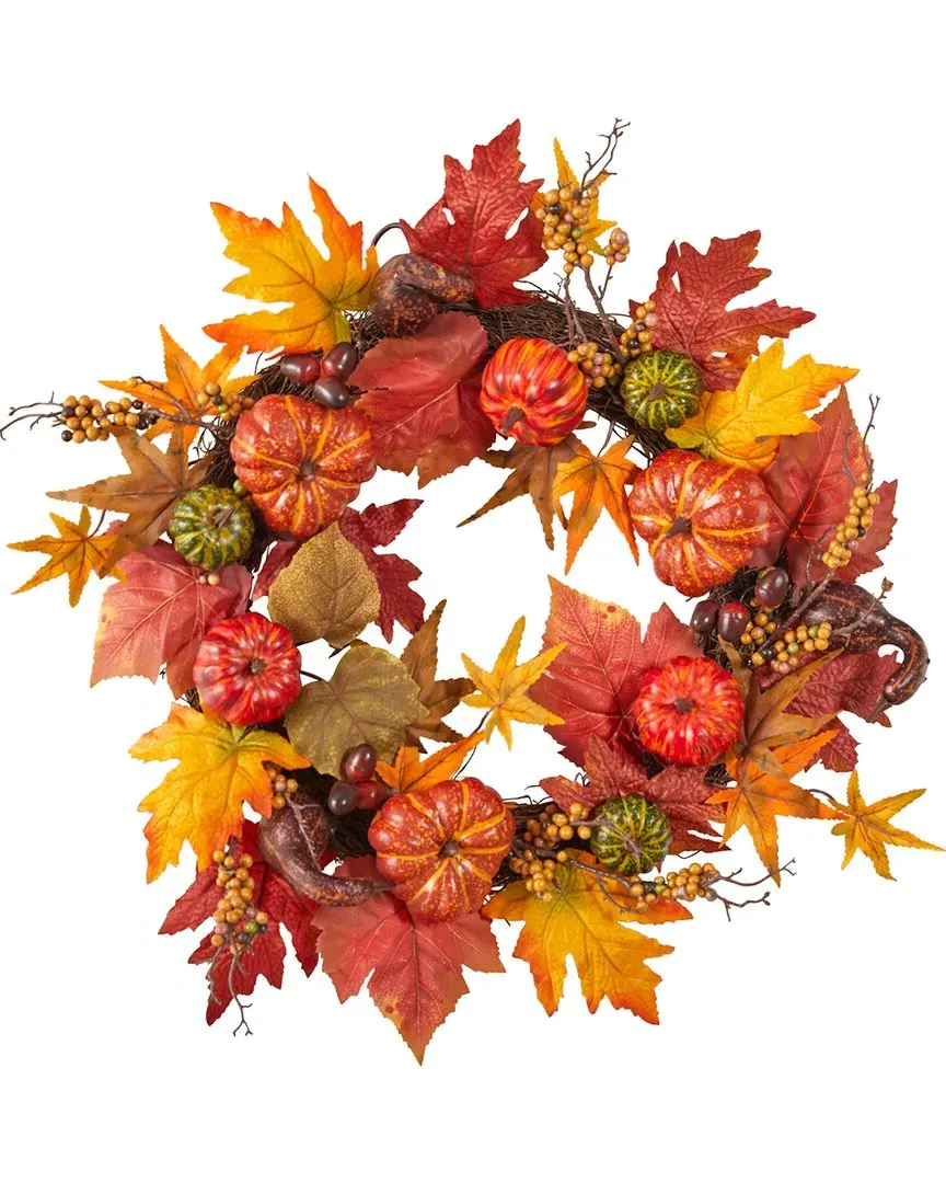 Autumn Pumpkin & Berries Artificial Fall Wreath - Orange image