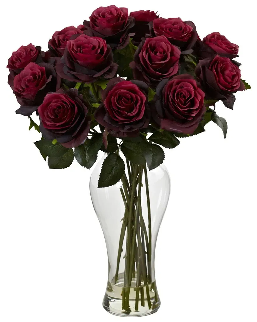 Blooming Roses Artificial Arrangement with Glass Vase - Burgundy