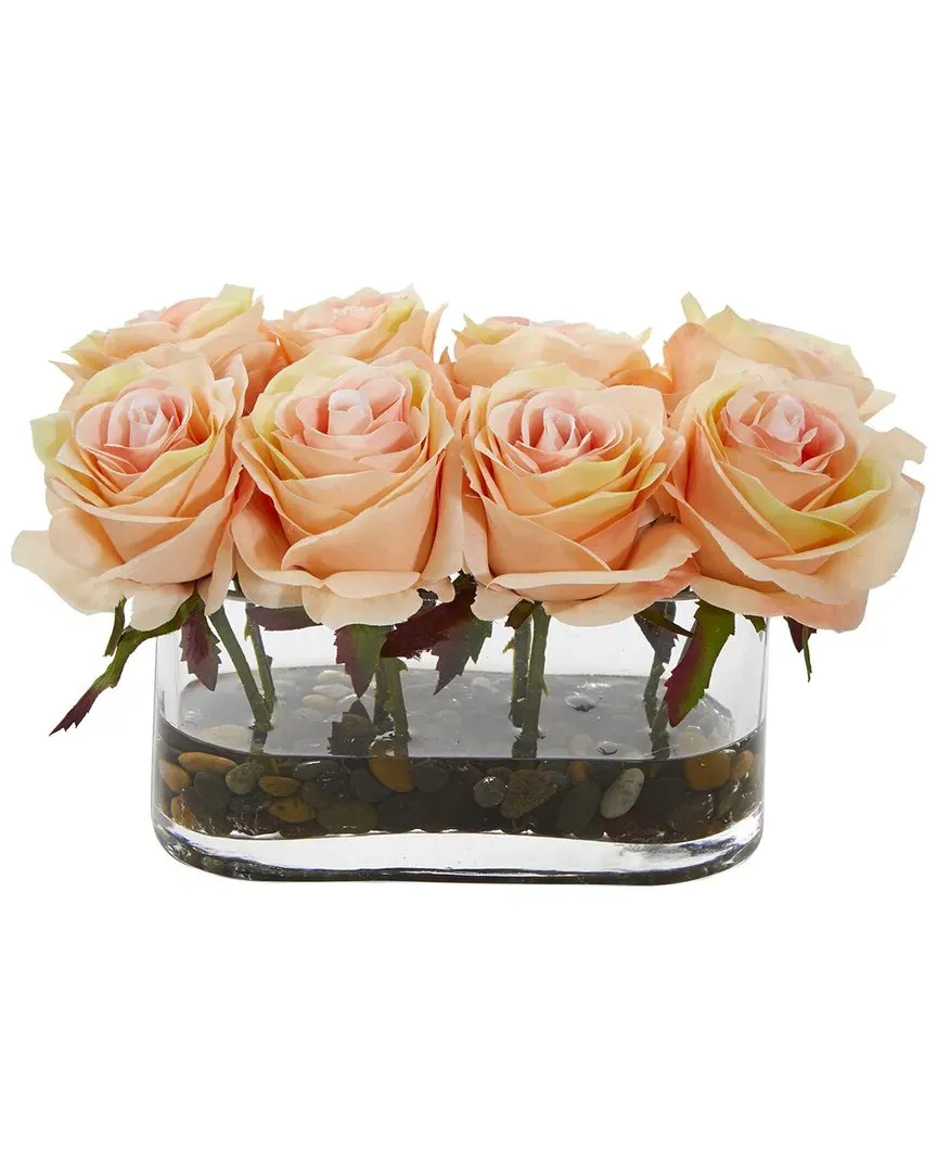 Blooming Roses Artificial Arrangement with Glass Vase - Peach image
