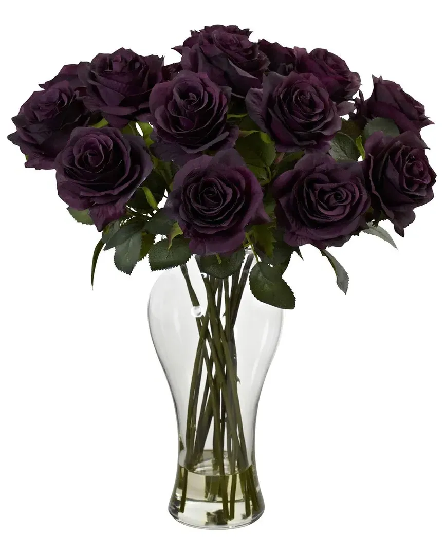 Blooming Roses Artificial Arrangement with Glass Vase - Purple