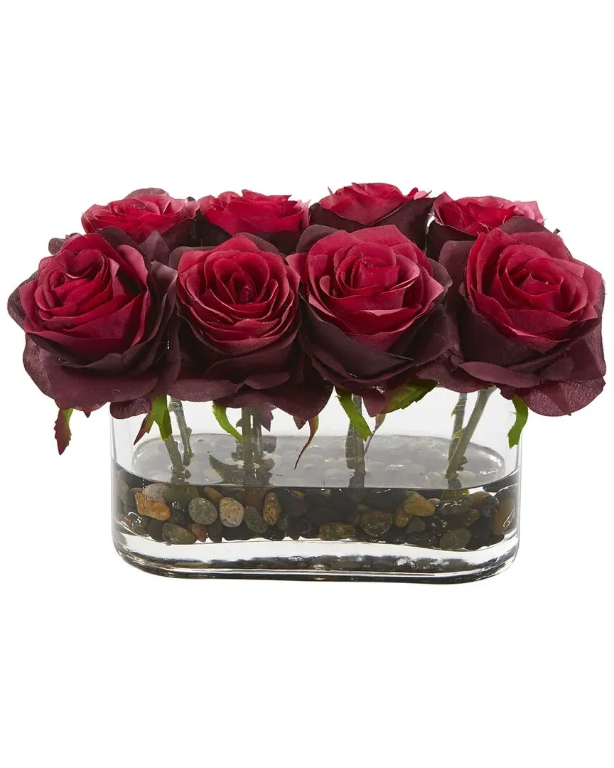 Blooming Roses Artificial Arrangement with Glass Vase - Red