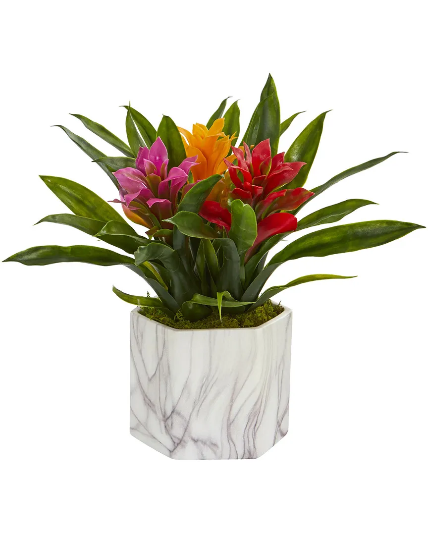 Bromeliad Artificial Plant in Marble Vase - Multi-Color image