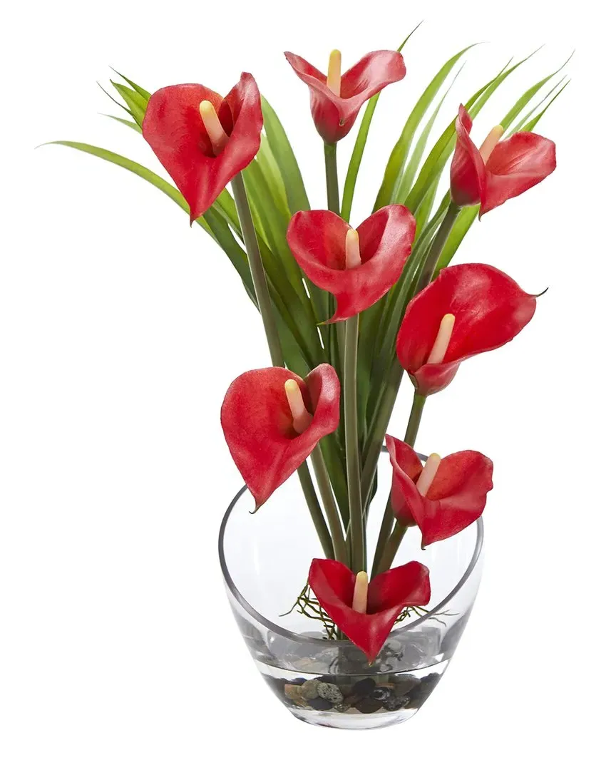 Calla Lily and Grass Artificial Arrangement in Vase - Red