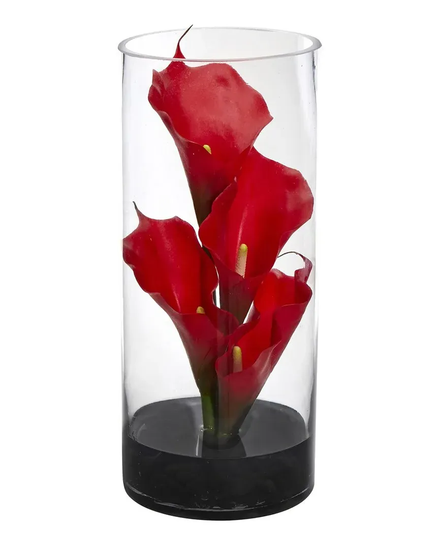 Calla Lily Artificial Arrangement in Glass Vase - Red