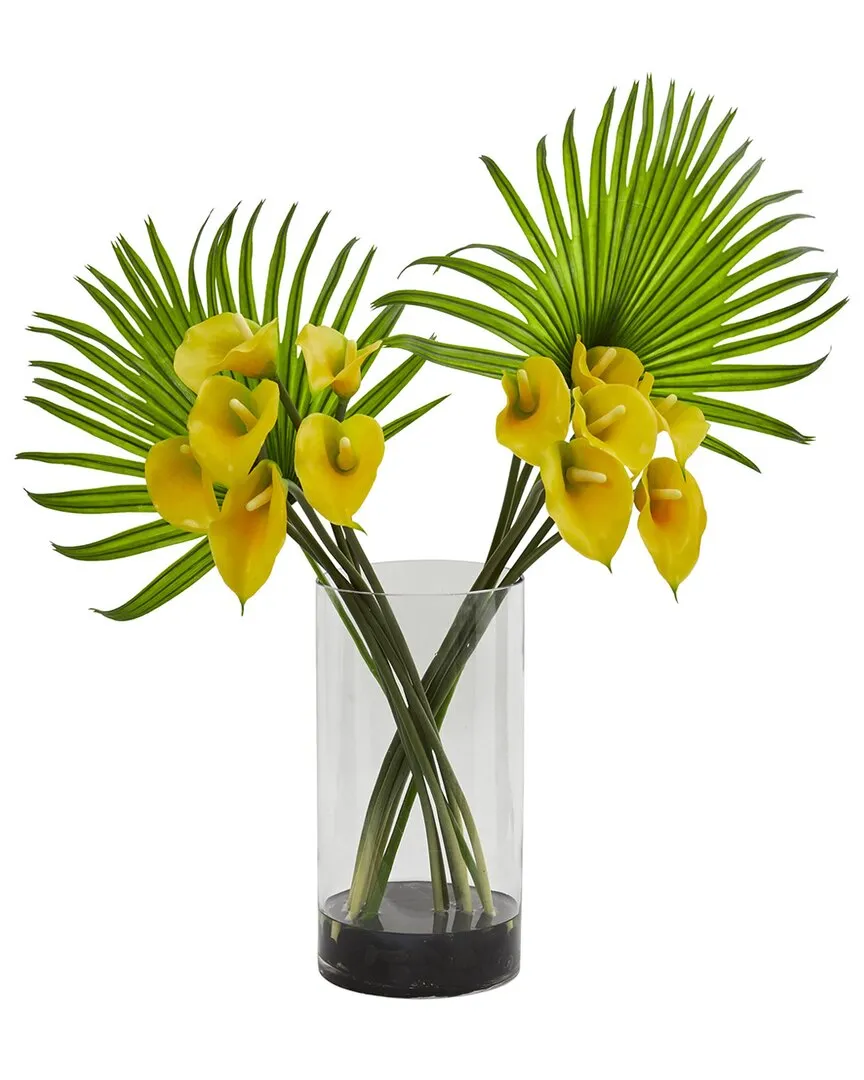 Calla Lily & Fan Palm Artificial Arrangement - Yellow