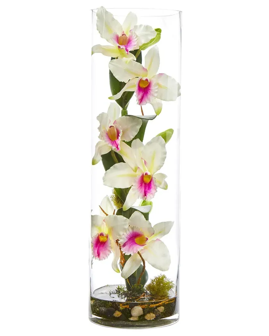 Cattleya Orchid Artificial Arrangement in Cylinder Vase - White