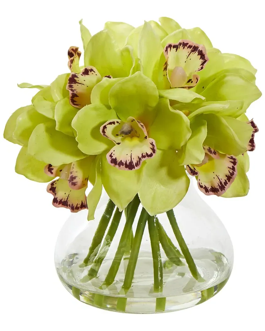 Cymbidium Orchid Artificial Arrangement in Glass Vase - Green image