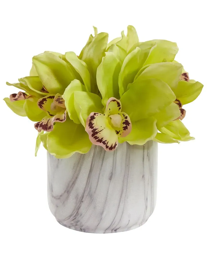 Cymbidium Orchid Artificial Arrangement in Marble Vase - Green