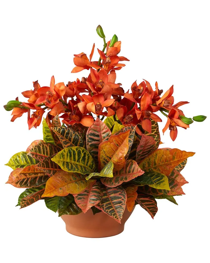 Cymbidium Orchid & Croton Artificial Arrangement - Orange