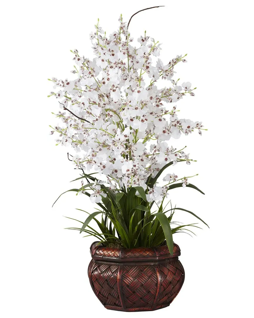 Dancing Lady Silk Arrangement with Cross Weave Vase - White