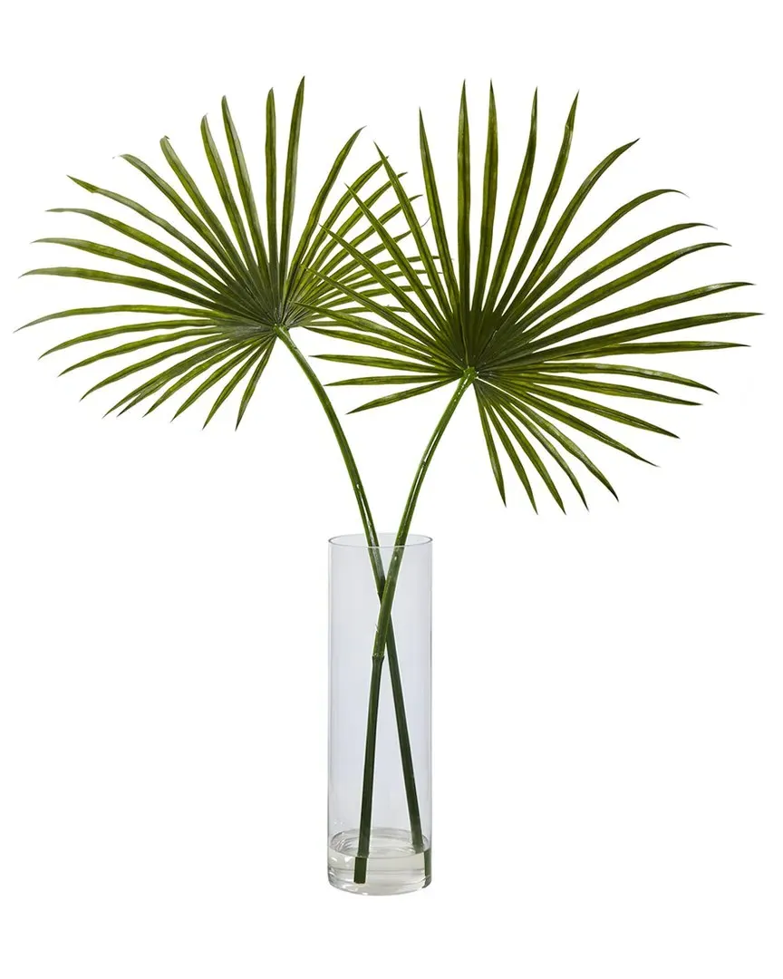 Fan Palm Artificial Arrangement in Glass Vase - Green