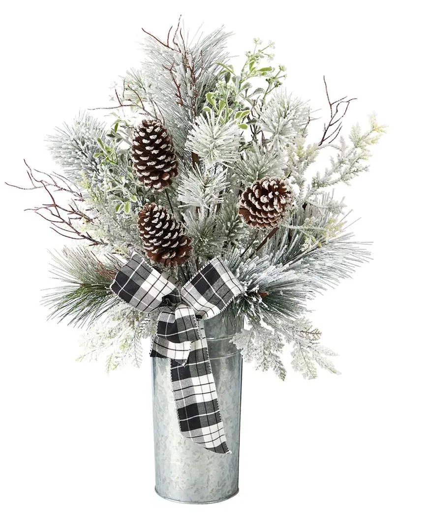 Frosted Greenery Christmas Arrangement with Pinecones - Silver image