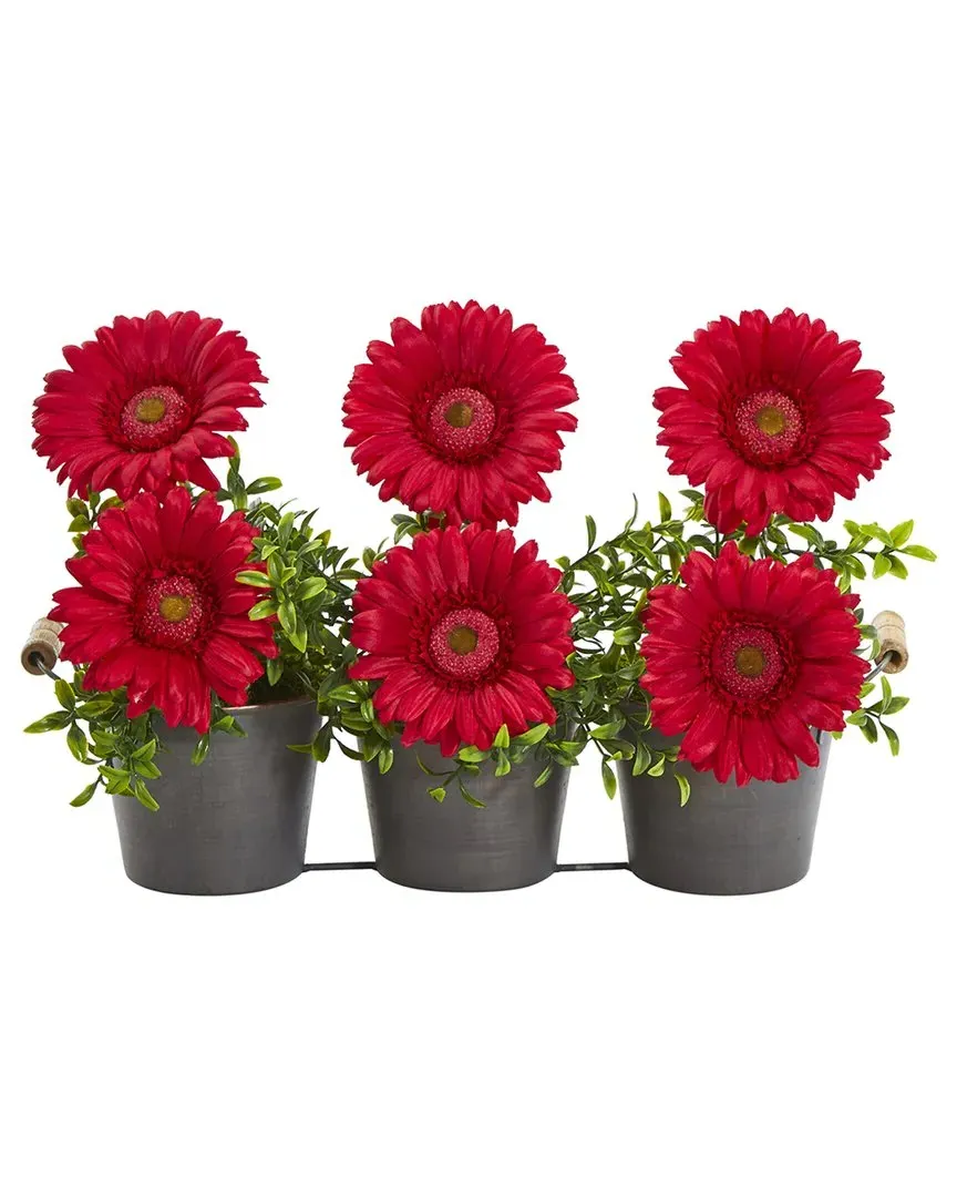 Gerbera Daisy Artificial Arrangement in Trio Metal Vase - Red