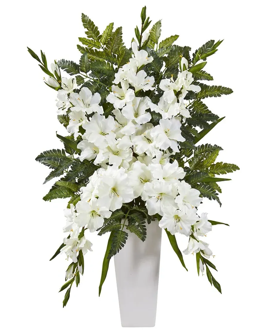 Gladiolas & Fern Artificial Arrangement - White, Ceramic