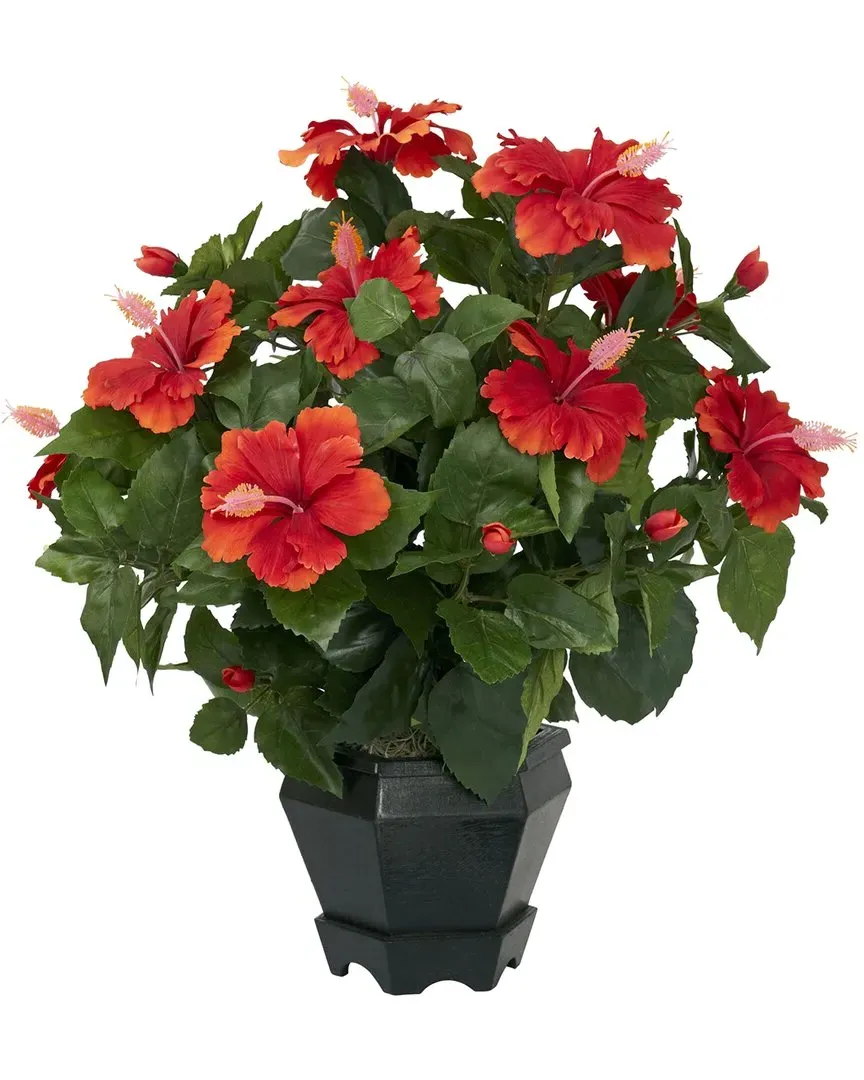 Hibiscus with Black Hexagon Vase Silk Plant - Orange