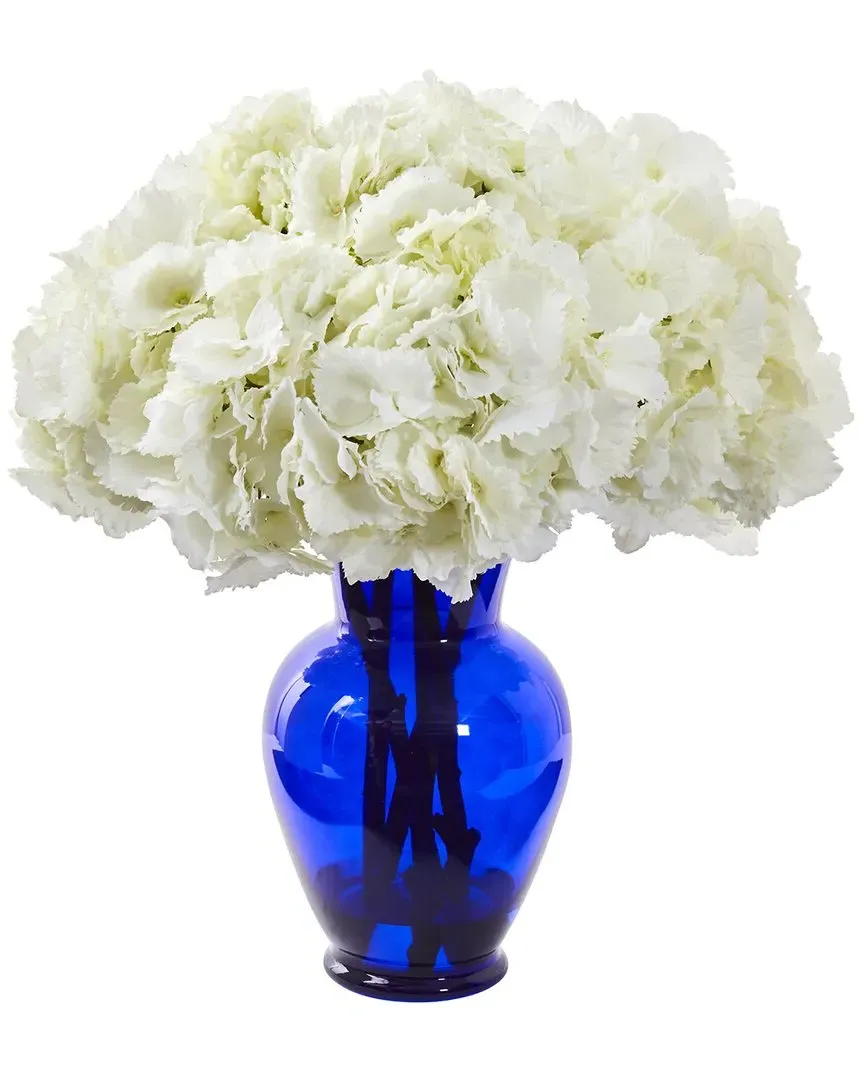 Hydrangea Artificial Arrangement in Blue Vase - White