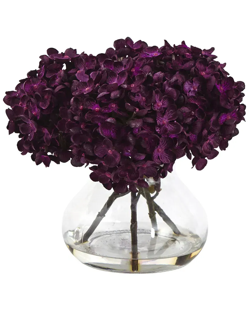 Hydrangea Silk Flower Arrangement with Glass Vase - Purple