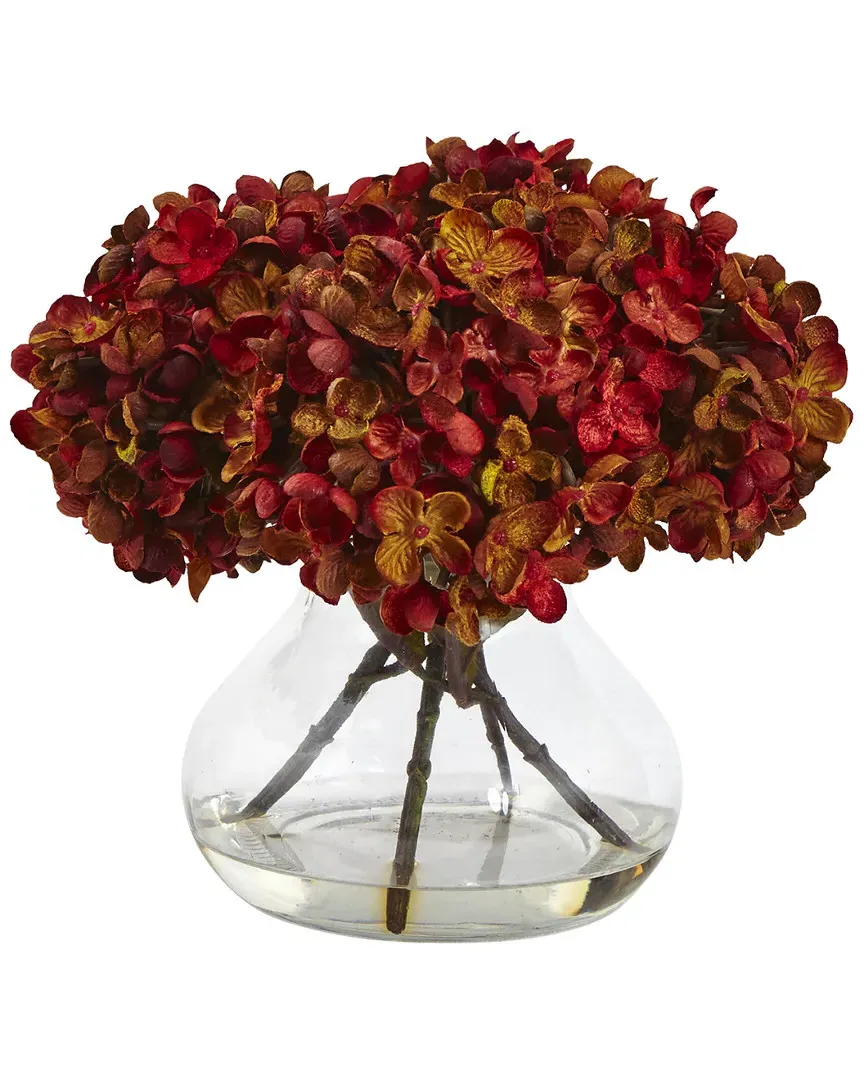 Hydrangea Silk Flower Arrangement with Glass Vase - Rust image