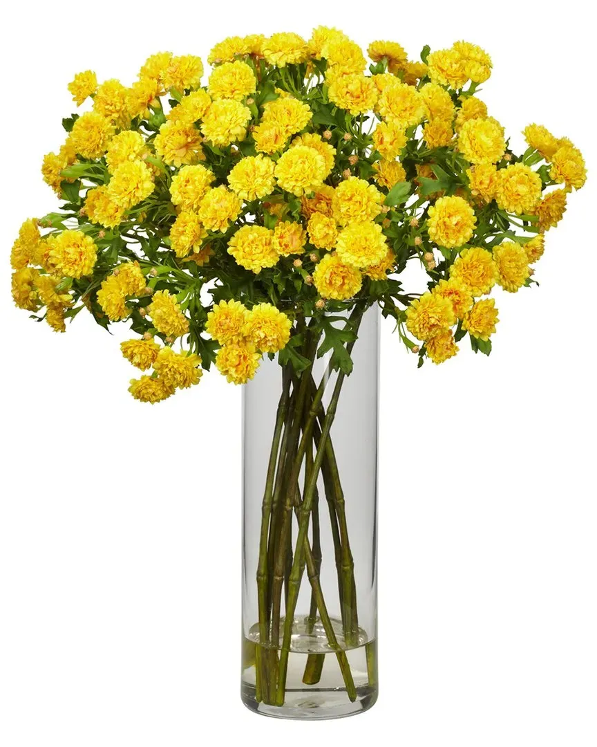 Japanese Silk Flower Arrangement with Glass Vase - Yellow