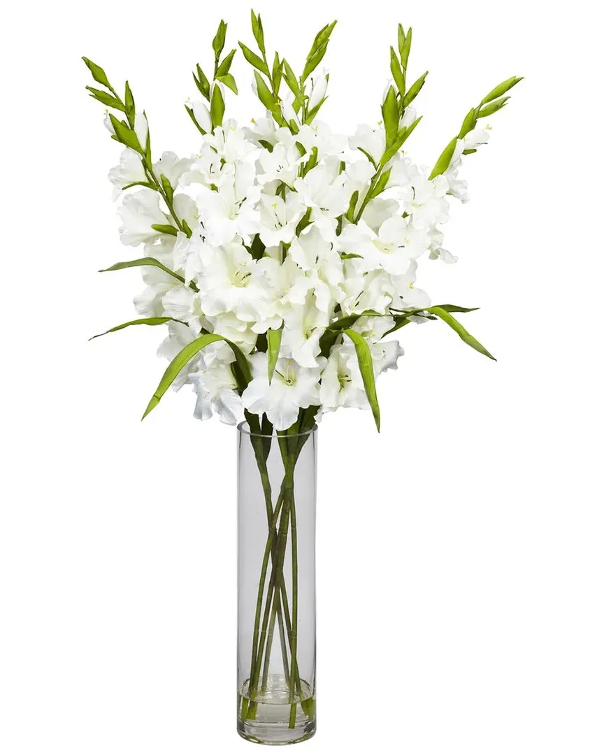 Large Gladiola Artificial Arrangement with Glass Vase - White image