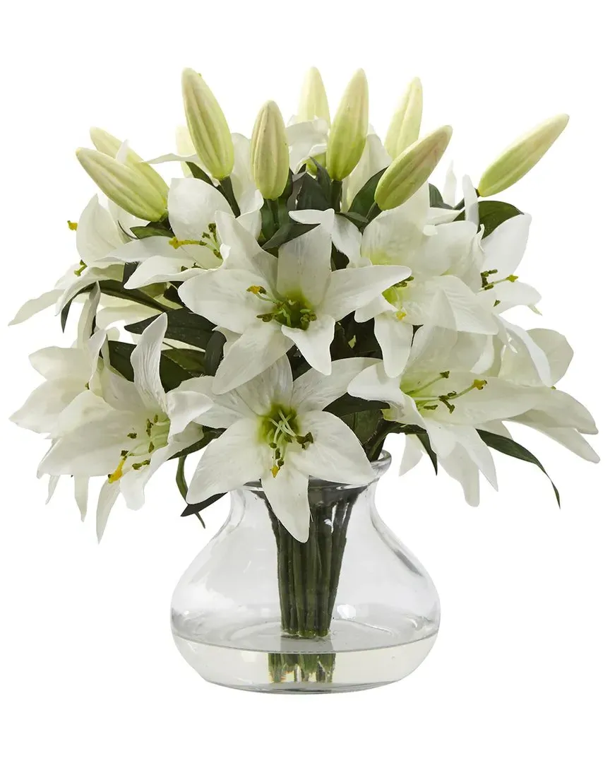 Lily Silk Arrangement with Glass Vase - White image