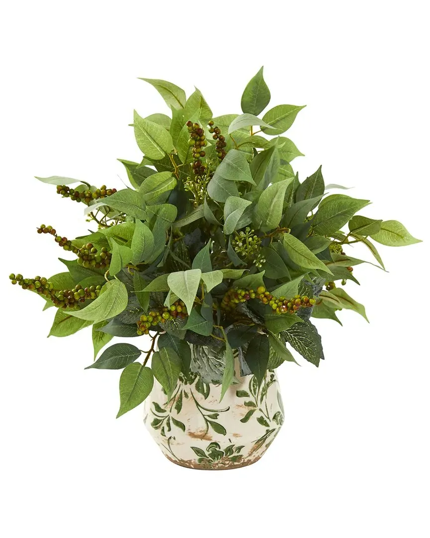 Mixed Ficus & Fittonia Artificial Plant in Floral Vase - Green image
