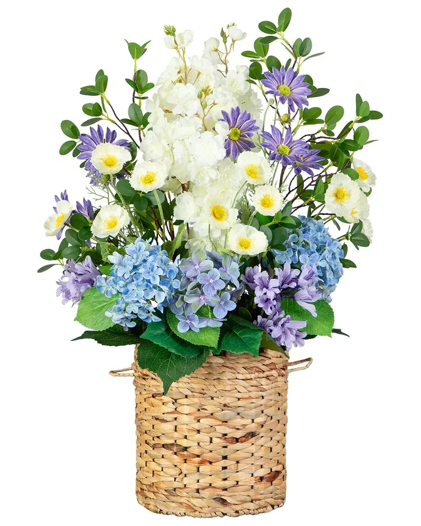 Mixed Flower & Hydrangea Arrangement in Hyacinth Basket - Multicolor
