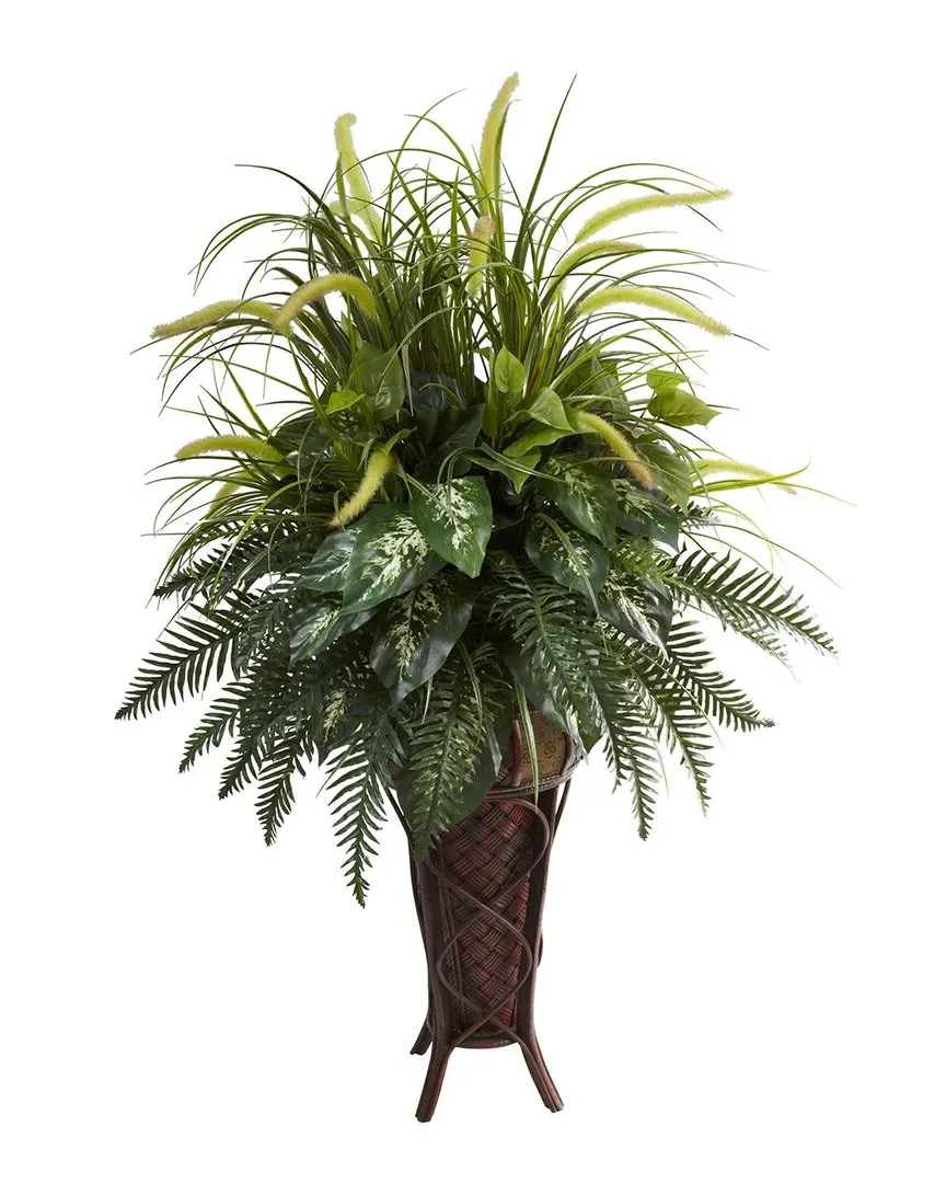 Mixed Greens & Cattails with Stand Planter - Green, Bamboo