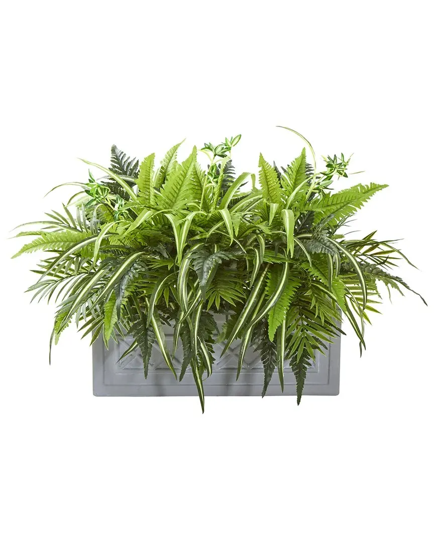 Mixed Greens & Fern Artificial in Stone Planter - Green image