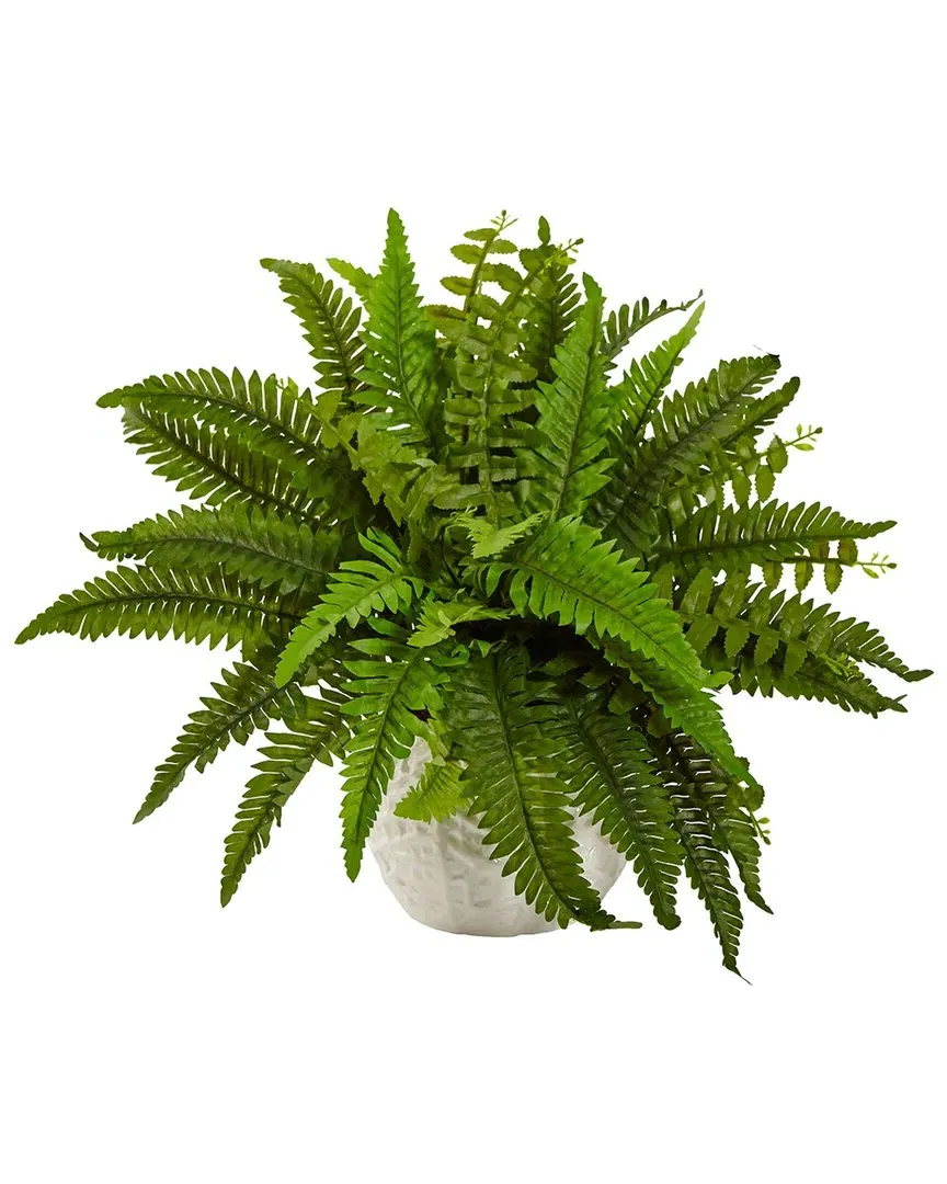 Nearly Natural Boston Fern in Round Planter - Green, White image