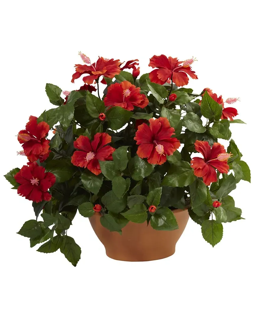Nearly Natural Hibiscus with Clay Planter - Green image