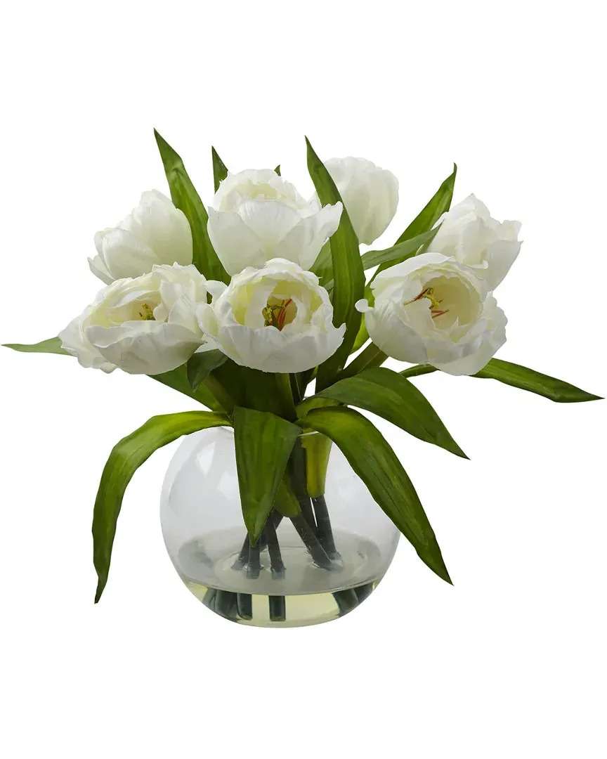 Nearly Natural Tulips Arrangement with Vase - White image